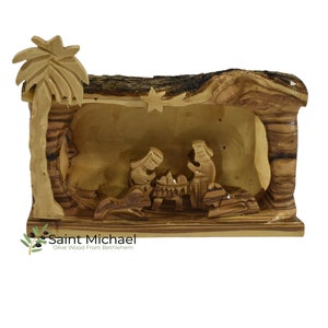 Cave Hand Made Nativity Carved Out Of an Olive Tree Branch – Holy Land Nativity set Décor for Christmas