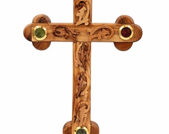 Hand-Carved Olive Wood Wall Cross: Floral Christian Home Decor