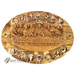Handmade Olive Wood Last Supper Wall Plaque with 14 Stations