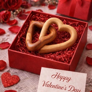 Olive Wood Interlocking Hearts, Hand Carved Wooden Anniversary Gift