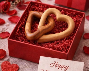 Olive Wood Interlocking Hearts, Hand Carved Wooden Anniversary Gift