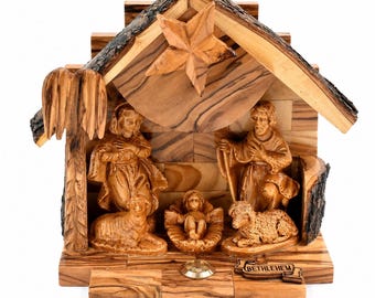 Olive Wood Nativity Set from Bethlehem, Holy Land Christmas Stable, Ceramic Mary Joseph Baby Jesus, Religious Christian Christmas Decor