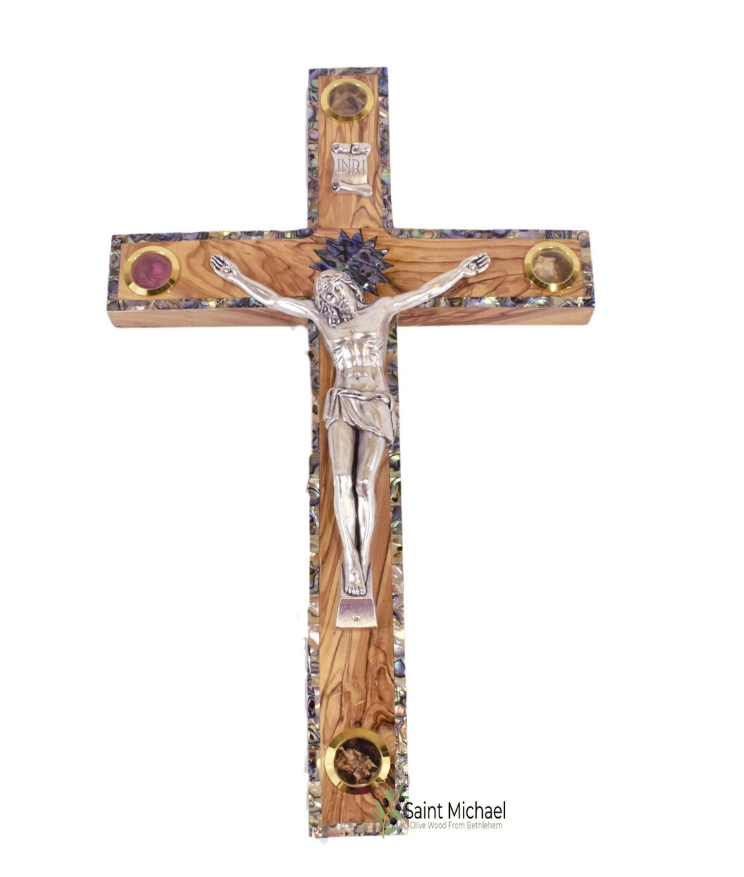 Olive Wood Wall Cross Silver Crucifix With Mother of Peral Designbethlehem Star on a Wooden