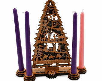 Nativity Olive Wood Advent Candle Holder, Handmade Bethlehem Christmas Tree Decor, Holy Land Christian Advent Centerpiece