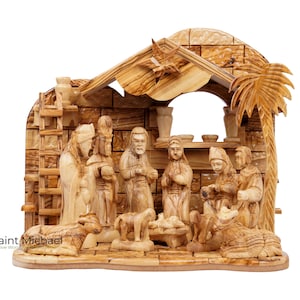 Bethlehem Christmas Nativity Set - Wooden Hand carved Olive Wood Nativity Scene from Holy Land - Under Christmas Tree Home Decoration