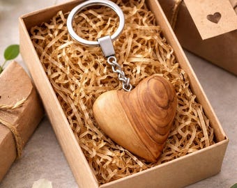 Olive Wood Heart Keychain Valentine Gift Memorial Heart Hand Carved in the Holy Land