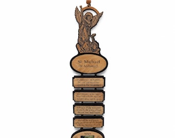 St. Michael Archangel Olive Wood Wall Art, Prayer Hanging with Holy Oil Water
