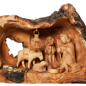 Bethlehem  Scene in Manger carved inside of a Solid Piece of Olive wood Branch - Christmas Tree Nativity Décor - Made in the Holy Land