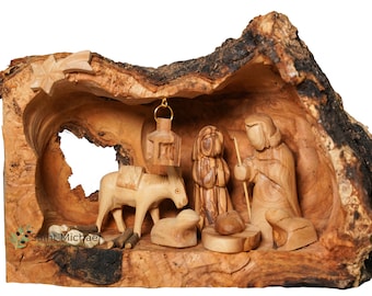 Bethlehem  Scene in Manger carved inside of a Solid Piece of Olive wood Branch - Christmas Tree Nativity Décor - Made in the Holy Land