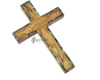 Olive Wood Wall Cross: Mother of Pearl Inlay, Holy Land Decor