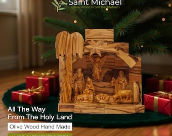 Olive Wood Nativity Set with Bark Roof - Hand Carved Holy Land Decor
