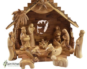 Large BETHLEHEM  Nativity Set | Wooden Nativity Set for Christmas Manger Scene | Nativity Set Handmade Olive Wood  Set Christmas Decorations