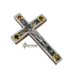 Olive Wood Cross Wall Crucifix Covered with Mother of Pearl with 4 Holy Relics, Pearl Cross, Wall Hanging Crucifix Made in the Holy Land