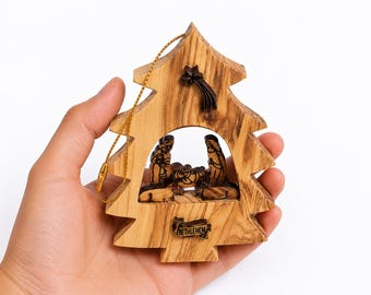 Olive Wood Nativity Ornament: Handcrafted Bethlehem Christmas Tree Decor