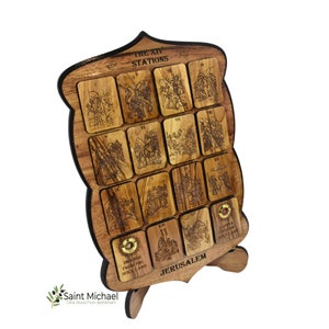 Jerusalem  Olive Wood Stations of The Cross Icon with Images Engraved by Laser in Plaque