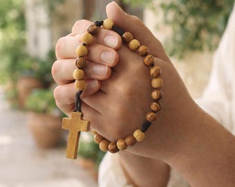 Handmade Olive Wood Rosary from Bethlehem, Prayer Beads with Cross, Holy Land Christian Gift