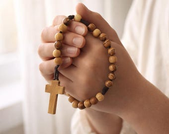 Olive Wood Rosary, Bethlehem Handmade Catholic First Communion Gift, Engraved Cross Keepsake