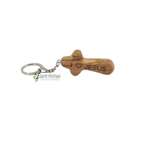 Olive Wood Comfort Cross Keychain: I Love Jesus, Holy Land