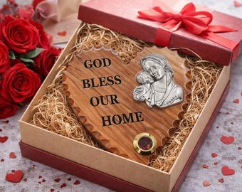 Olive Wood Heart Gift: "God Bless Our Home" Handmade Decor with Incense