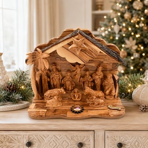 Nativity Set, Wooden Olive Wood Musical Nativity Scene, Ceramic Holy Family Figures, Bethlehem Holy Land Christmas Decor
