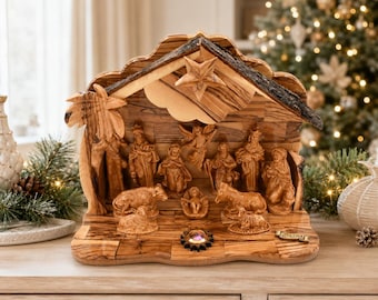 Nativity Set, Wooden Olive Wood Musical Nativity Scene, Ceramic Holy Family Figures, Bethlehem Holy Land Christmas Decor