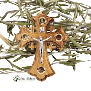 Jerusalem Cross | Wall Hanging Cross Crucifix Made of Olive Wood in the Holy Land | 4 Glasses filled with Holy Relics Gift for any Age