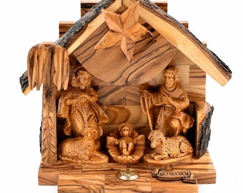 de Noël en bois d'olivier | Crèche Bethléem sculptée à la main avec des pierres de Terre Sainte