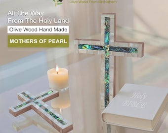 Olive Wood Holy Cross with Mother of Pearl: Religious Wall Decor