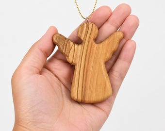 Guardian Angel Olive Wood Christmas Ornament, Handmade Bethlehem Wooden Angel Pocket Comfort Keepsake, Religious Christian Gift