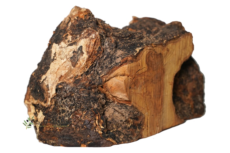 May include: A rough, irregularly shaped piece of wood with a dark brown bark and a lighter brown interior. The wood has a natural, rustic look.