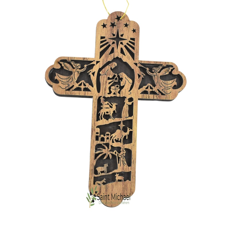 WOODEN Nativity Cross Ornament Olive Wood Cross Shape Etsy