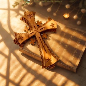 Olive Wood Jerusalem Cross - Wall cross Made in the Holy Land - Perfect gift for baptism, christening, first communion any occasion