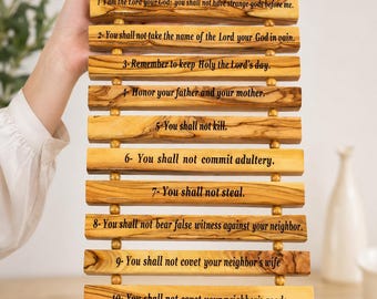 Ten Commandments Olive Wood Wall Plaque, Handmade Bethlehem Holy Land Religious Christian Decor, Jerusalem Catholic Gift, 11 x 5.5