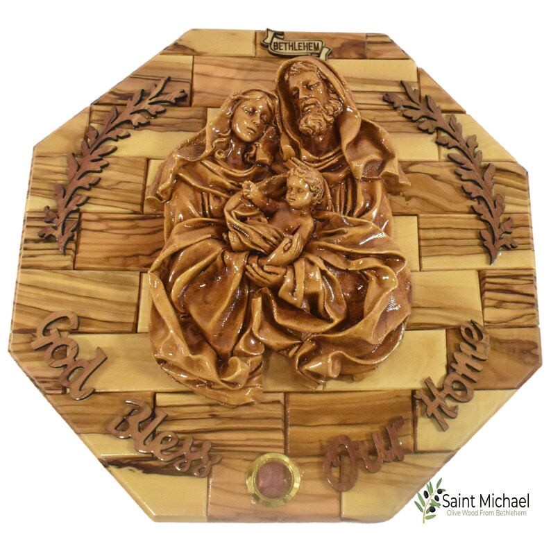 Olive Wood Holy Family Wall Plaque With Relics - Bethlehem Home ...
