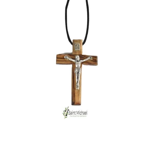 Bethlehem Olive Wood Wooden Cross  Budded Cross Pendant on Black Cord Necklace  24" Adjustable Wood Cross Necklace for Men & Women