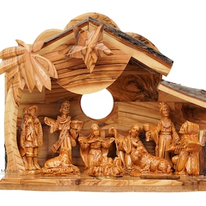 Bethlehem Wooden Nativity Set with Bark Roof Made of Olive Wood in the Holy Land - Christmas Nativity for Home Décor - Christmas Nativity