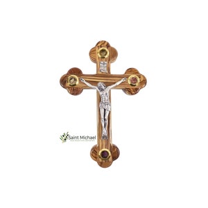 Wooden Wall Cross Crucifix 9 Inch Wall Hanging Holy Land Cross 4 Glasses Filled with Holy Relics Made in Bethlehem Holy Land