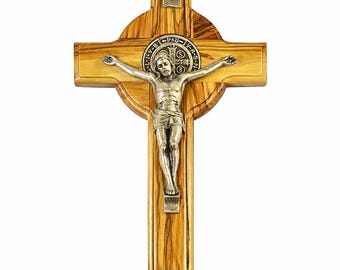Saint Benedict Crucifix Olive Wood Catholic Cross from Bethlehem Religious Home Gift