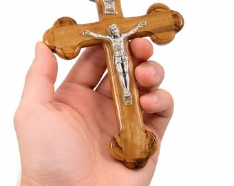 Olive Wood Crucifix Cross, Handmade Bethlehem Wall Decor (5x3 Inches)