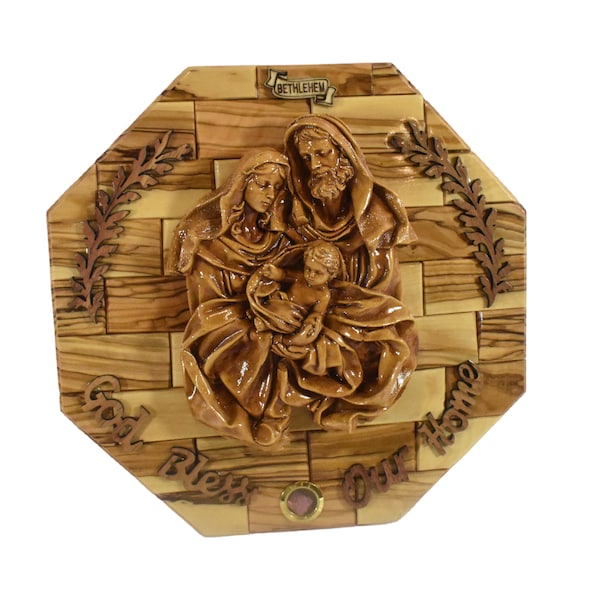 Wall Plaque Holy Family , Olive Wood Plaque of the Holy Family, Home Blessing Wall Hanging Décor with Holy Relics Made in the Holy Land