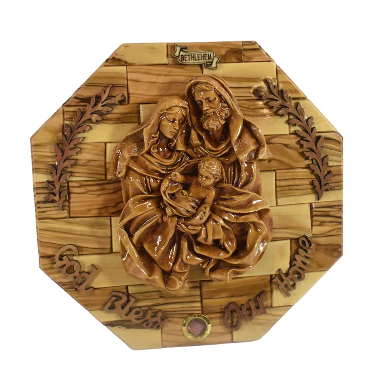 Olive Wood Holy Family Wall Plaque With Relics - Bethlehem Home ...