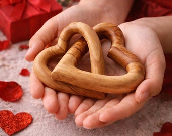 Hand Carved Olive Wood Interlocking Hearts Sculpture, Romantic Keepsake