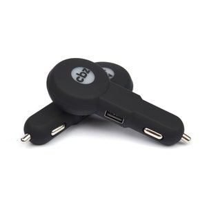 May include: Two black car chargers with a USB port and a round, black top with the logo "cbz" printed on it.
