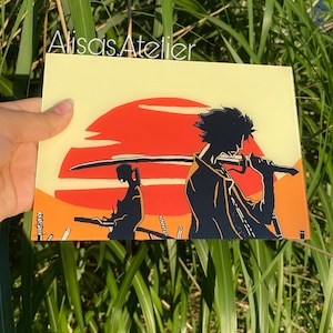 May include: A yellow background with a red sun setting behind two figures in silhouette. The figure on the right is holding a sword. The text "Alisas.Atelier" is at the top of the image.