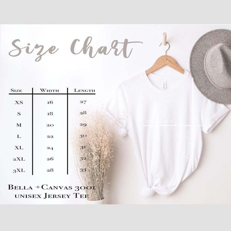 May include: Size chart for a unisex jersey tee shirt, showing width and length measurements in inches for sizes XS to 3XL. The chart is printed on a white background with a black border.