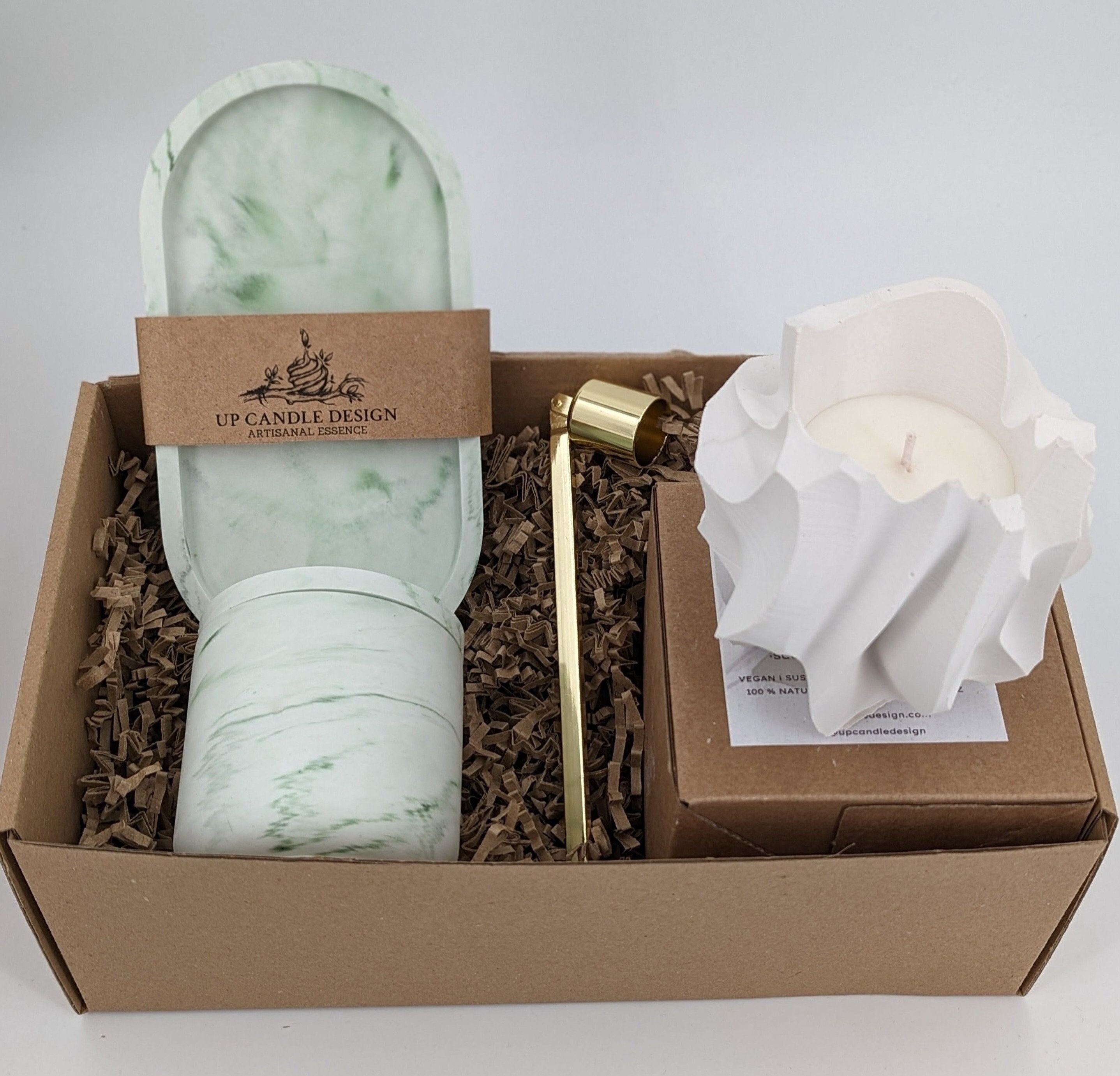 Elegant Gift Set: Scented Sculptural Soy Candle, Handmade Jesmonite Tray, Matches Jar, & Premium Snuffer
