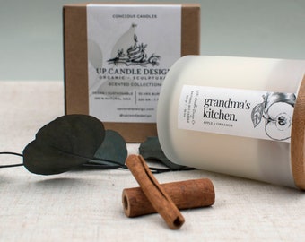 Grandma&#39;s Kitchen - Apple & Cinnamon Scented Candle - Engraved Candle - Personalize Your Candle With a Laser On a Wooden Lid