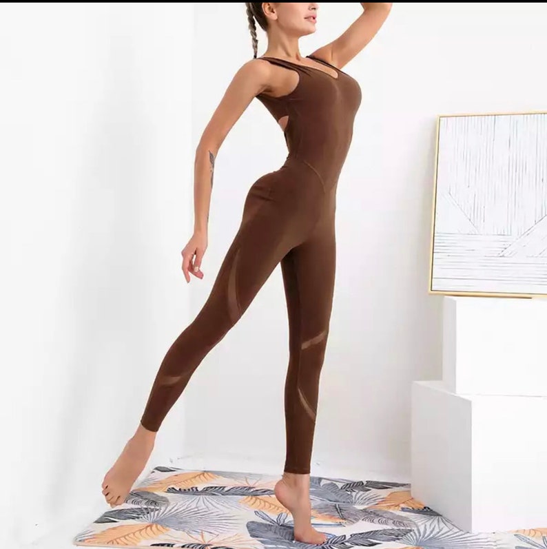 Fitness Yoga macacão Jumpsuit Stretch Brązowy