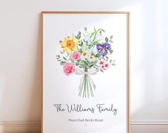 Birth Flower Bouquet, Personalised Family Print, Custom Family Portrait Watercolour Illustration, A4 A5 Digital PDF
