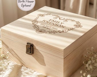 Personalised Baby Memory Box, Engraved Wooden Birth Flower Keepsake Box, Newborn Memory Box, New Baby Gift, Baby Keepsake Box